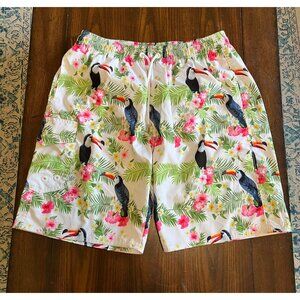 Milankerr Tropical Floral Toucan White Lined Swimming Trunks Size XL